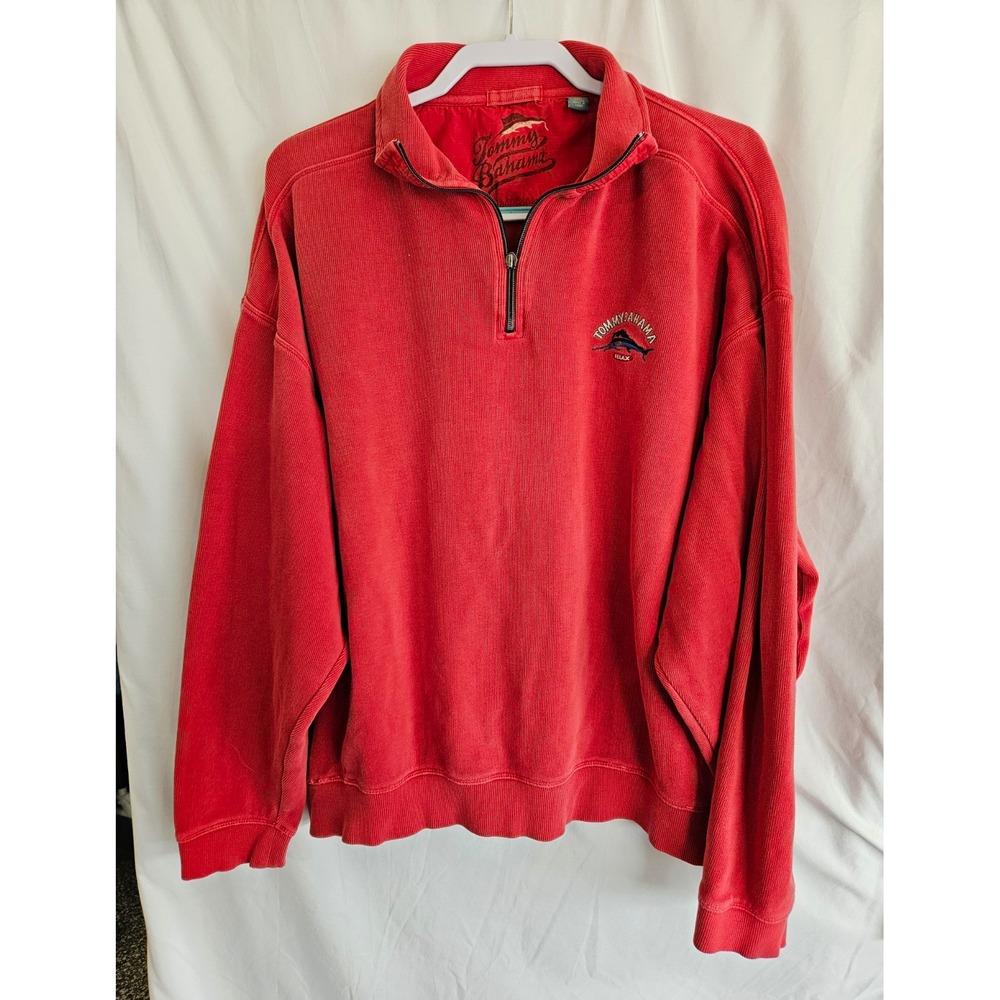 Tommy Bahama Mens 2XL Red Cotton Knit 1/4 Zip Mock Neck Marlin Logo Sweater